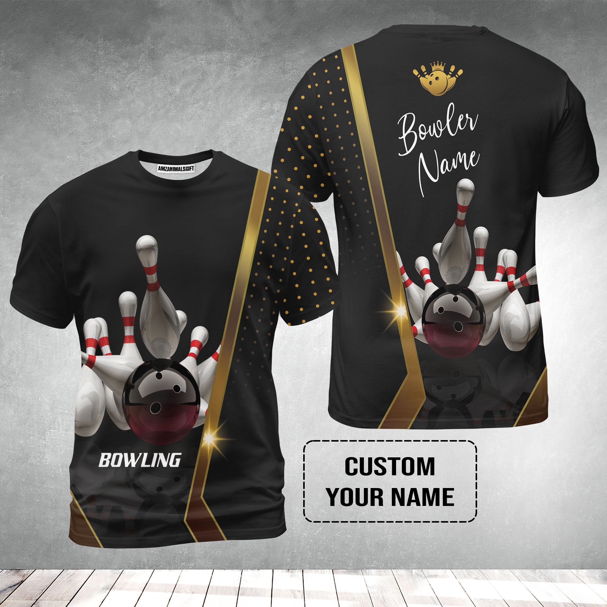 Customized Bowling T-Shirt, Black And Golden Pattern Personalized Bowling T-Shirt