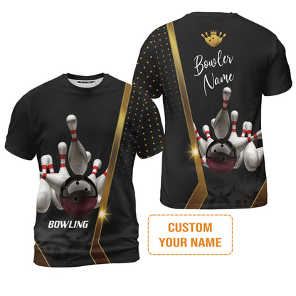 Customized Bowling Polo Shirt, Black And Golden Pattern Personalized Bowling Polo Shirt For Men - Gift For Bowlers, Bowling Lovers