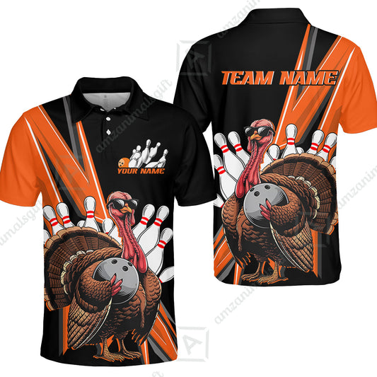 Black And Red Custom Awesome Turkey Bowling Unisex Polo Shirts, Thanksgiving Bowling Team Uniforms Jerseys With Name - Team Name