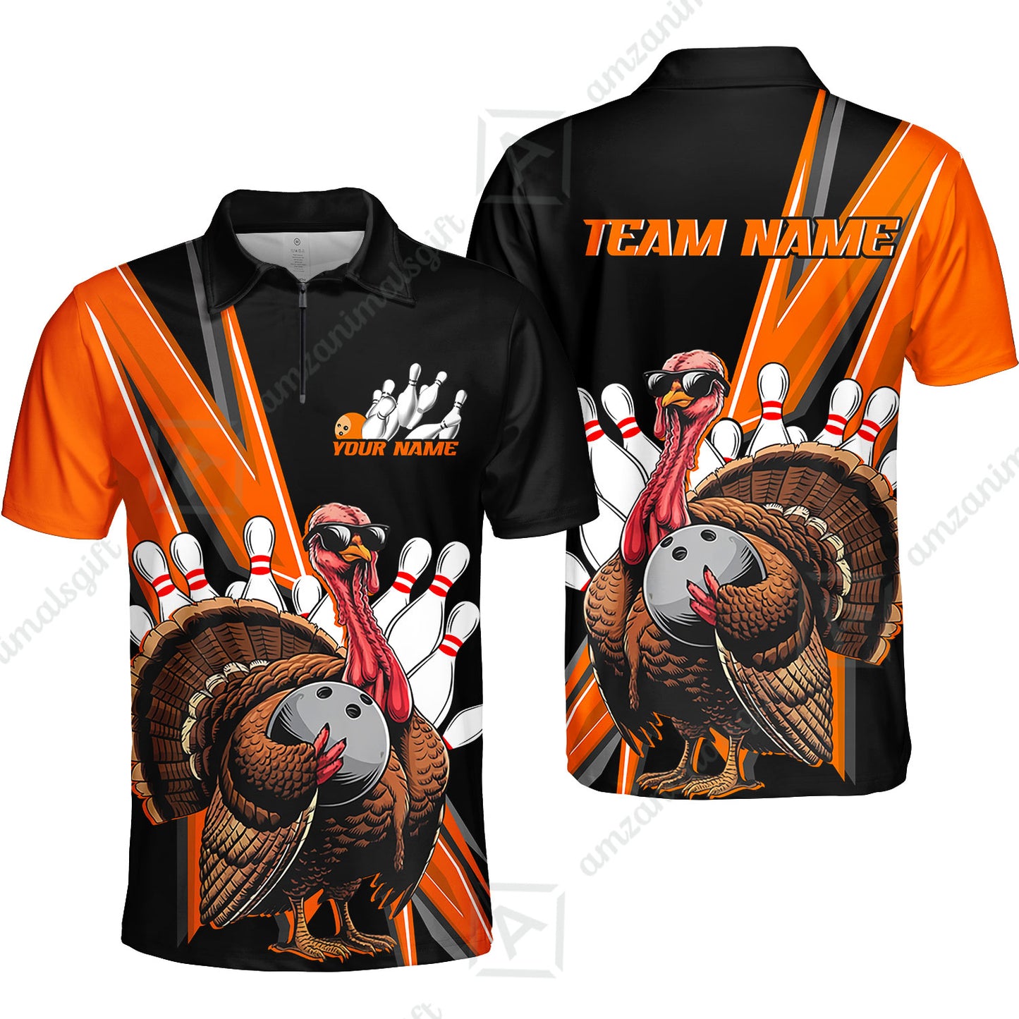 Personalized Bowling Black And Red Awesome Turkey Quarter-Zip Polo Shirt, Thanksgiving Bowling Uniforms With Name, Team Name