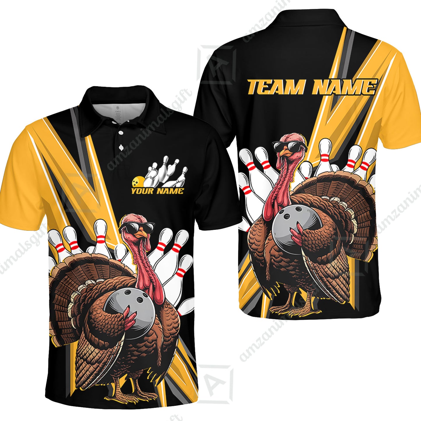 Black And Red Custom Awesome Turkey Bowling Unisex Polo Shirts, Thanksgiving Bowling Team Uniforms Jerseys With Name - Team Name