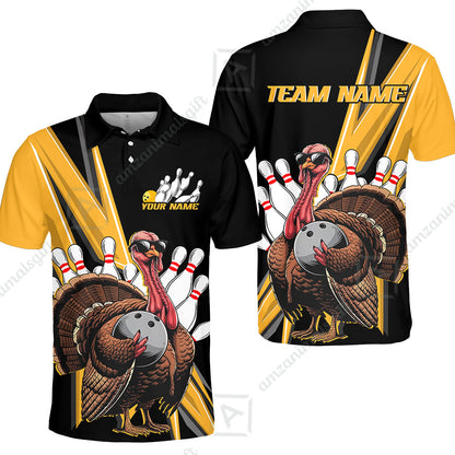 Black And Red Custom Awesome Turkey Bowling Unisex Polo Shirts, Thanksgiving Bowling Team Uniforms Jerseys With Name - Team Name