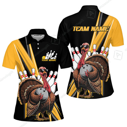 Personalized Black And Red Awesome Turkey Bowling Women Polo Shirt, Thanksgiving Bowling Team Uniforms With Name, Team Name