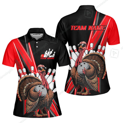 Personalized Black And Red Awesome Turkey Bowling Women Polo Shirt, Thanksgiving Bowling Team Uniforms With Name, Team Name