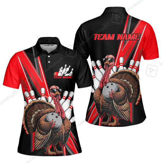 Personalized Black And Red Awesome Turkey Bowling Women Polo Shirt, Thanksgiving Bowling Team Uniforms With Name, Team Name