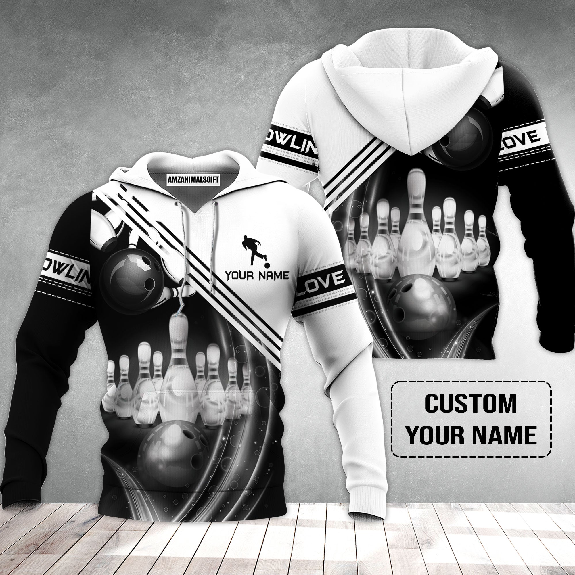 Bowling Custom Hoodie - Custom Name Black And White Bowling Ball In Motion And The Pins Personalized Bowling Hoodie