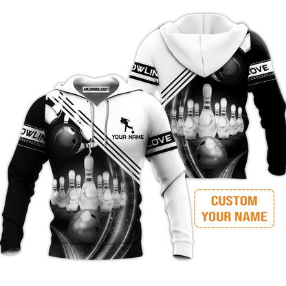 Bowling Custom Men's Long Sleeve Polo Shirt - Custom Name Black And White Bowling Ball In Motion And The Pins Personalized Bowling Long Sleeve Polo Shirt