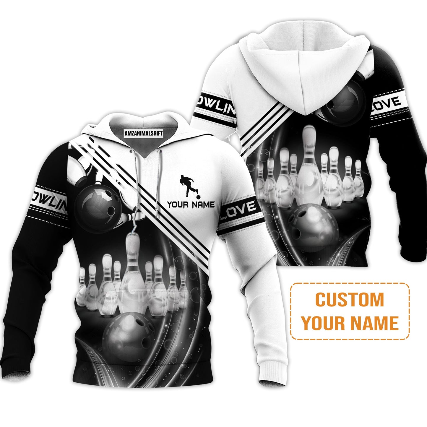 Bowling Custom Hoodie - Custom Name Black And White Bowling Ball In Motion And The Pins Personalized Bowling Hoodie