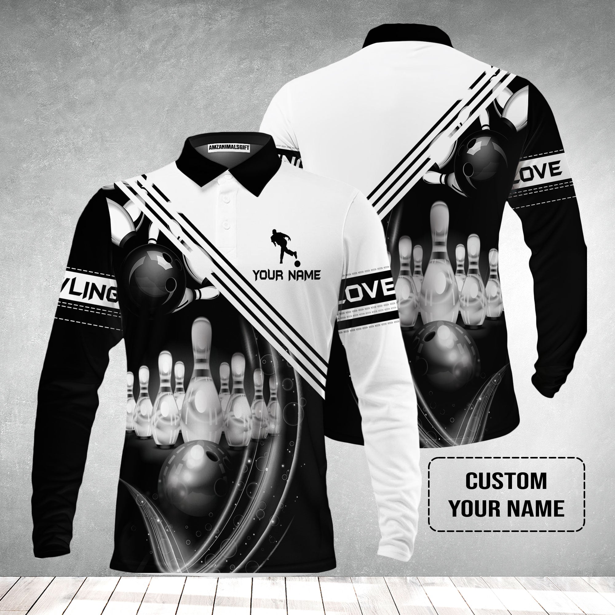 Bowling Custom Men's Long Sleeve Polo Shirt - Custom Name Black And White Bowling Ball In Motion And The Pins Personalized Bowling Long Sleeve Polo Shirt