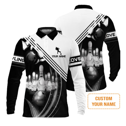 Bowling Custom Men Polo Shirt - Custom Name Black And White Bowling Ball In Motion And The Pins Personalized Bowling Polo Shirt - Perfect Gift For Friend, Family