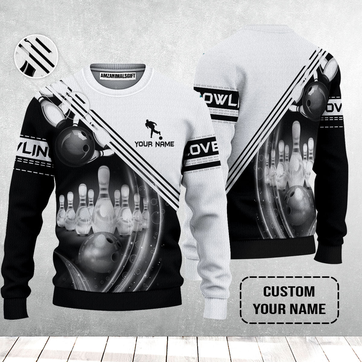 Bowling Custom Sweater - Custom Name Black And White Bowling Ball In Motion And The Pins Personalized Bowling Sweater