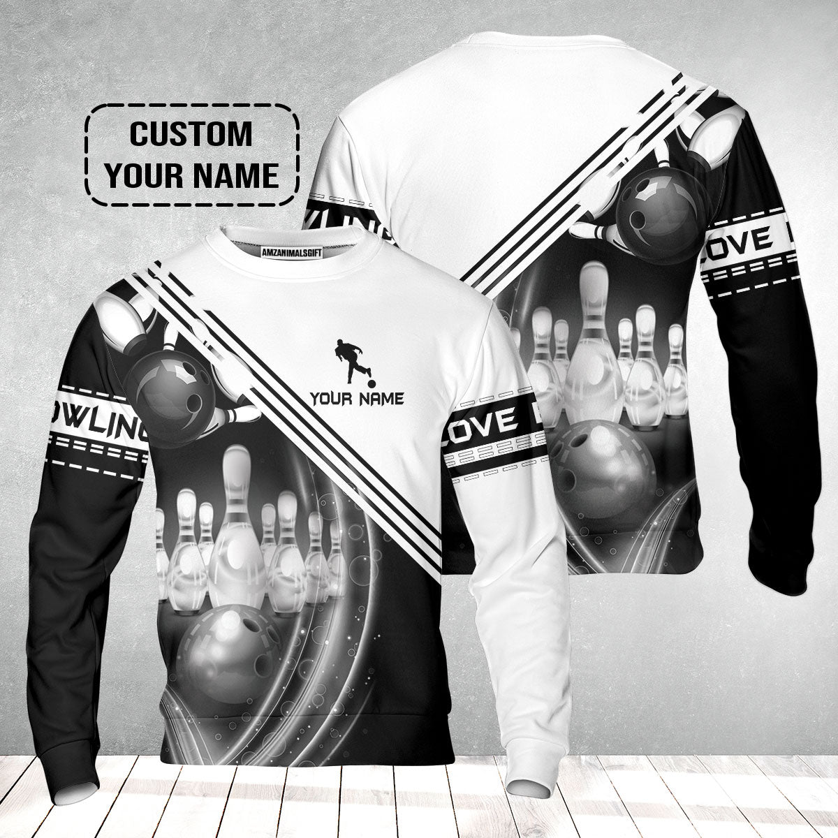 Bowling Custom Sweatshirt - Custom Name Black And White Bowling Ball In Motion And The Pins Personalized Bowling Sweatshirt