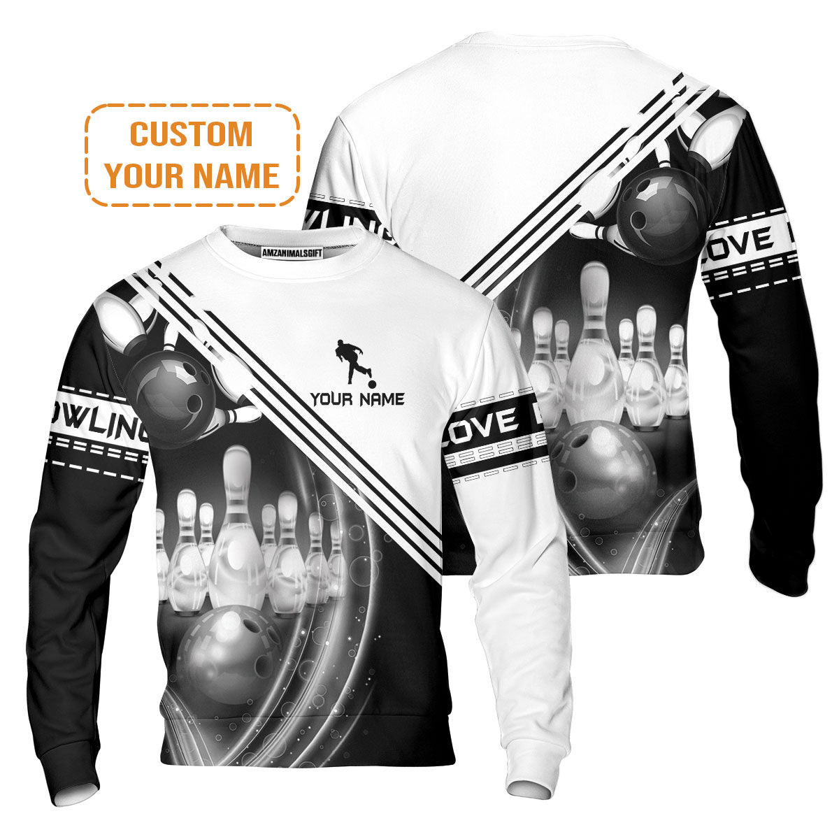 Bowling Custom Men's Long Sleeve Polo Shirt - Custom Name Black And White Bowling Ball In Motion And The Pins Personalized Bowling Long Sleeve Polo Shirt