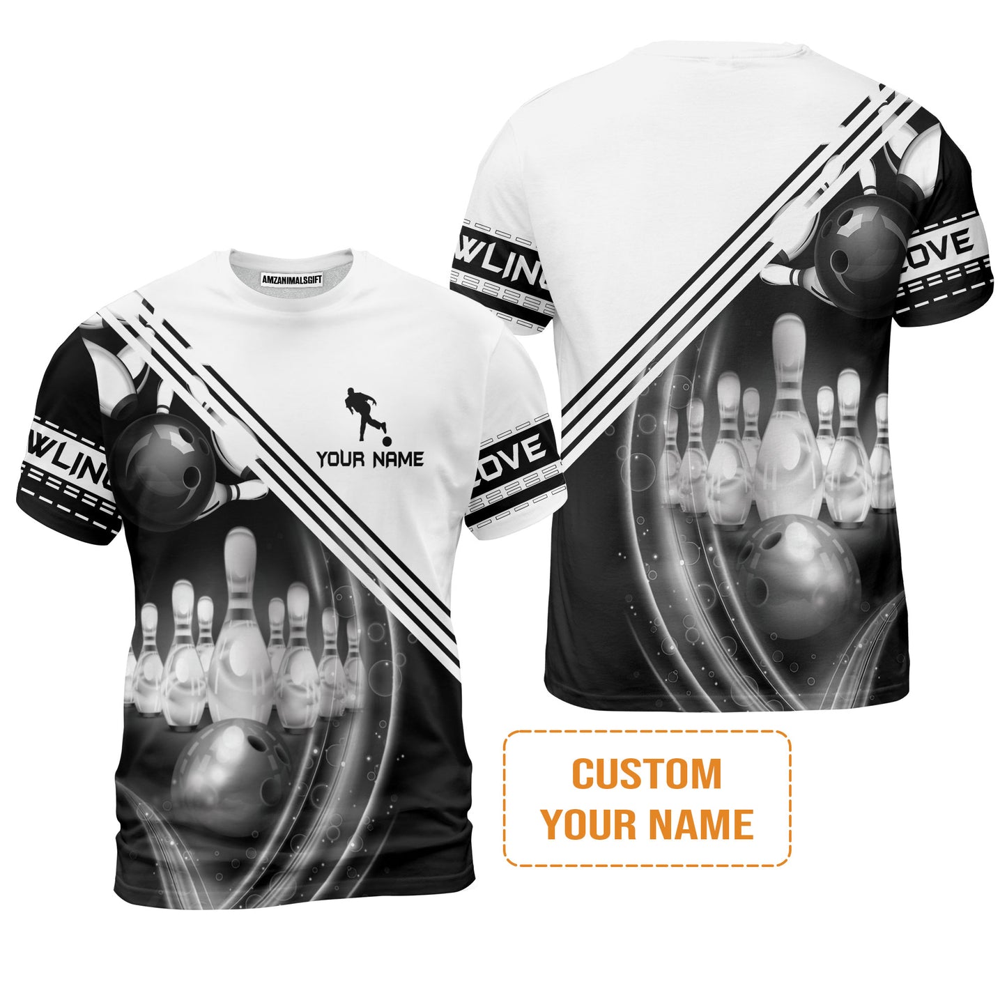 Bowling Custom Men Polo Shirt - Custom Name Black And White Bowling Ball In Motion And The Pins Personalized Bowling Polo Shirt - Perfect Gift For Friend, Family