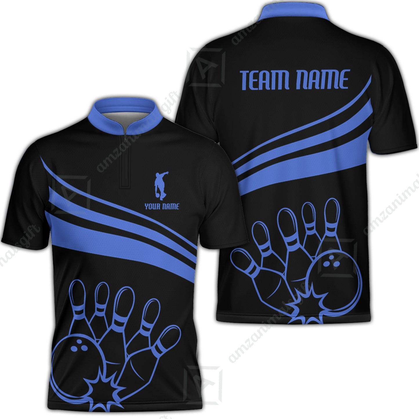 Bowling Customized Jersey Black Shirt Blue Curve Bowling Tenpin Quarter Zip Shirt, Outfit For Bowlers, Bowling Team
