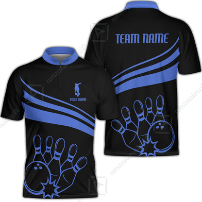 Bowling Customized Jersey Black Shirt Blue Curve Bowling Tenpin Quarter Zip Shirt, Outfit For Bowlers, Bowling Team