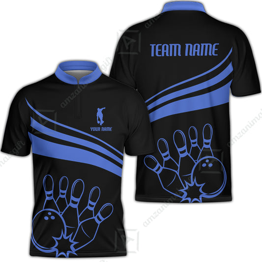 Bowling Customized Jersey Black Shirt Blue Curve Bowling Tenpin Quarter Zip Shirt, Outfit For Bowlers, Bowling Team