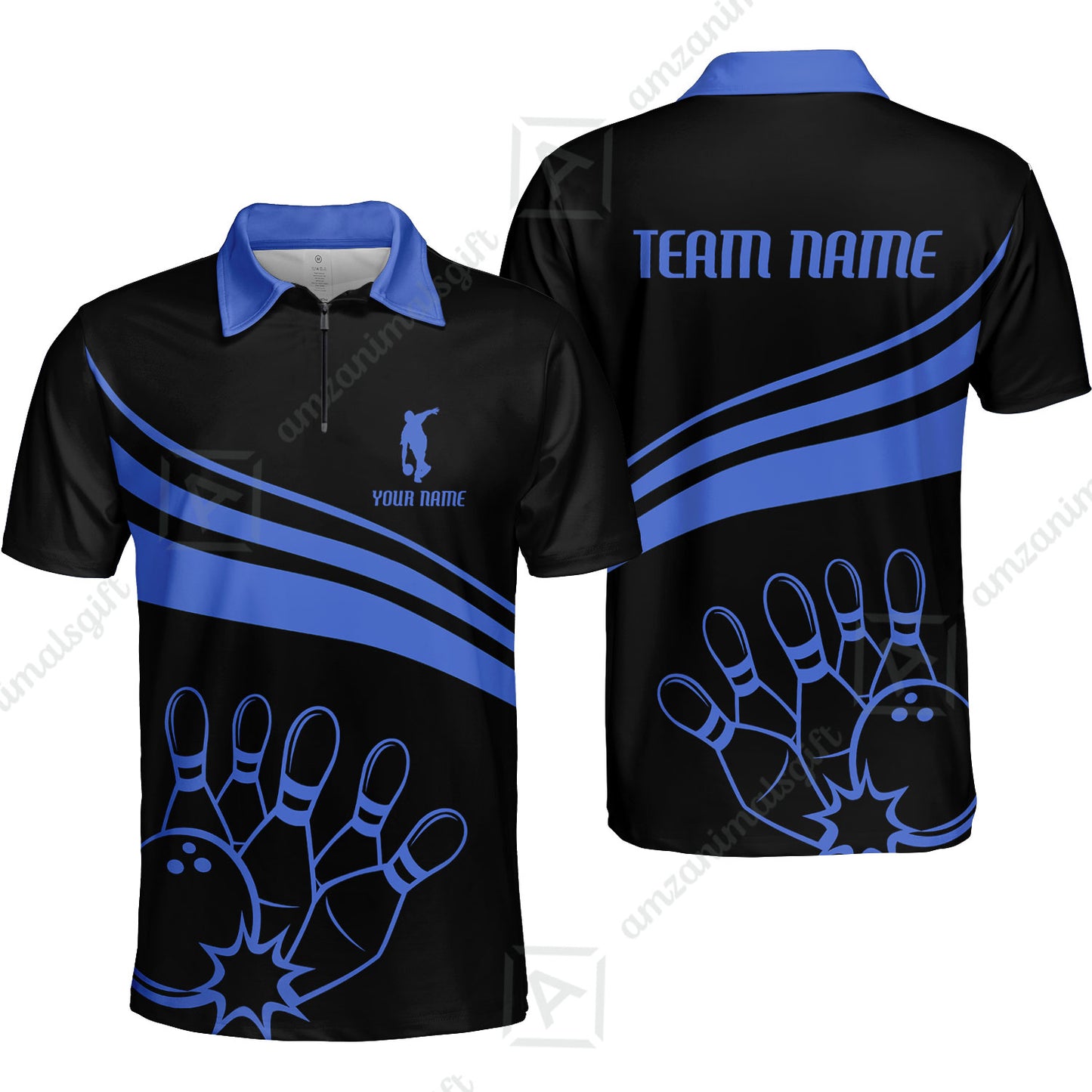 Bowling Customized Jersey Black Shirt Blue Curve Bowling Tenpin Quarter Zip Shirt, Outfit For Bowlers, Bowling Team