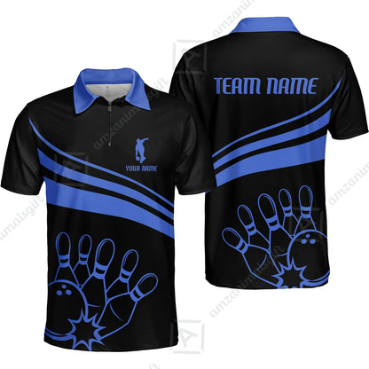 Bowling Customized Jersey Black Shirt Blue Curve Bowling Tenpin Quarter Zip Shirt, Outfit For Bowlers, Bowling Team