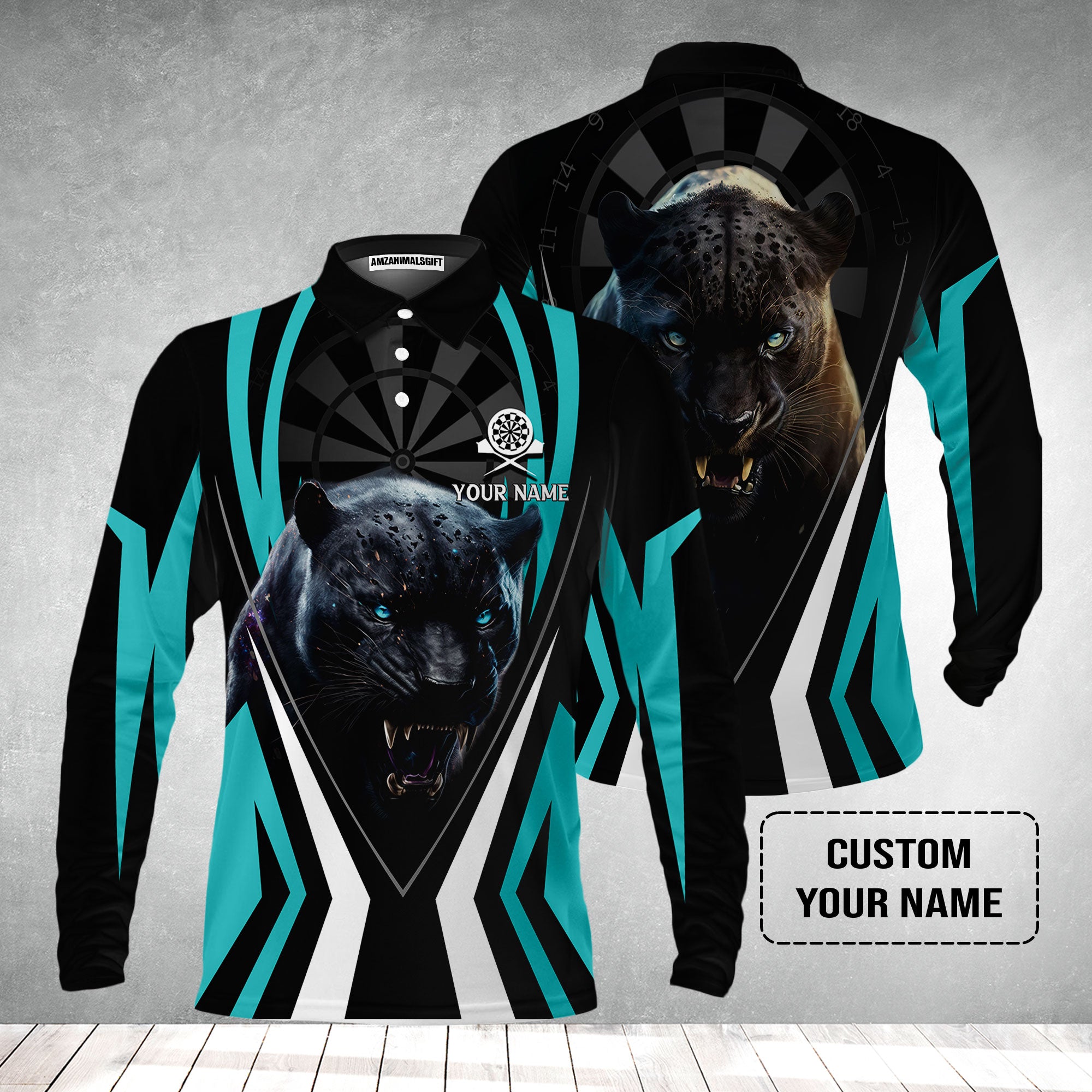 Black Panther And Darts Custom Name Men's Long Sleeve Polo Shirt, Bullseye Dartboard Personalized Long Sleeve Polo Shirt Gift For Darts Lovers, Friends