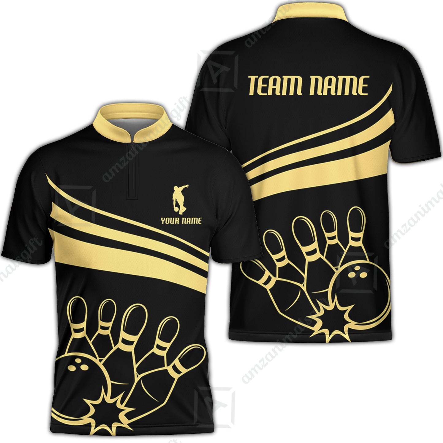 Bowling Customized Jersey Black Shirt Gold Curve Bowling Tenpin Quarter Zip Shirt, Outfit For Bowlers, Bowling Team