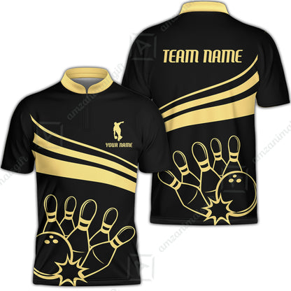 Bowling Customized Jersey Black Shirt Gold Curve Bowling Tenpin Quarter Zip Shirt, Outfit For Bowlers, Bowling Team