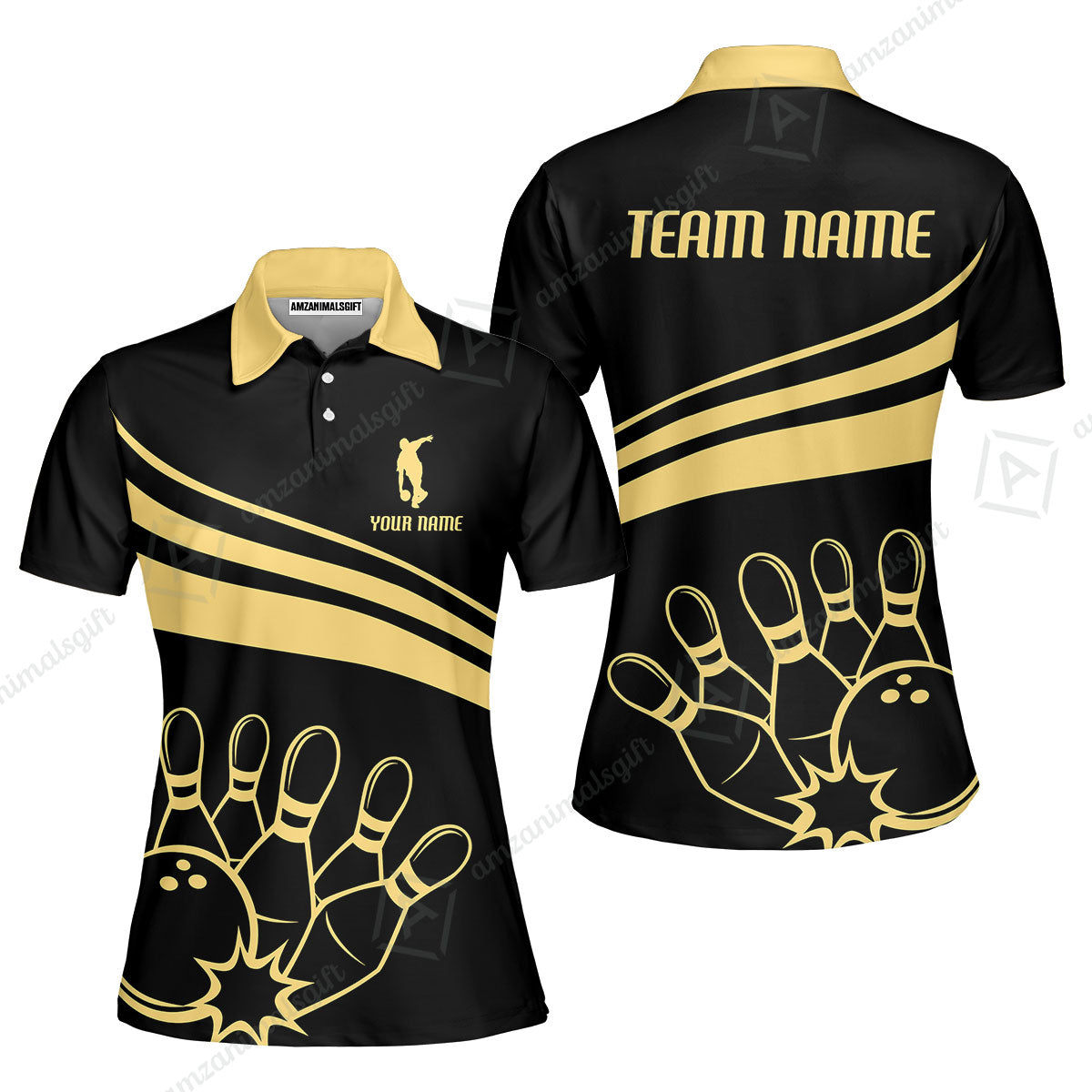 Bowling Customized Jersey Black Shirt Gold Curve Bowling Tenpin Quarter Zip Shirt, Outfit For Bowlers, Bowling Team