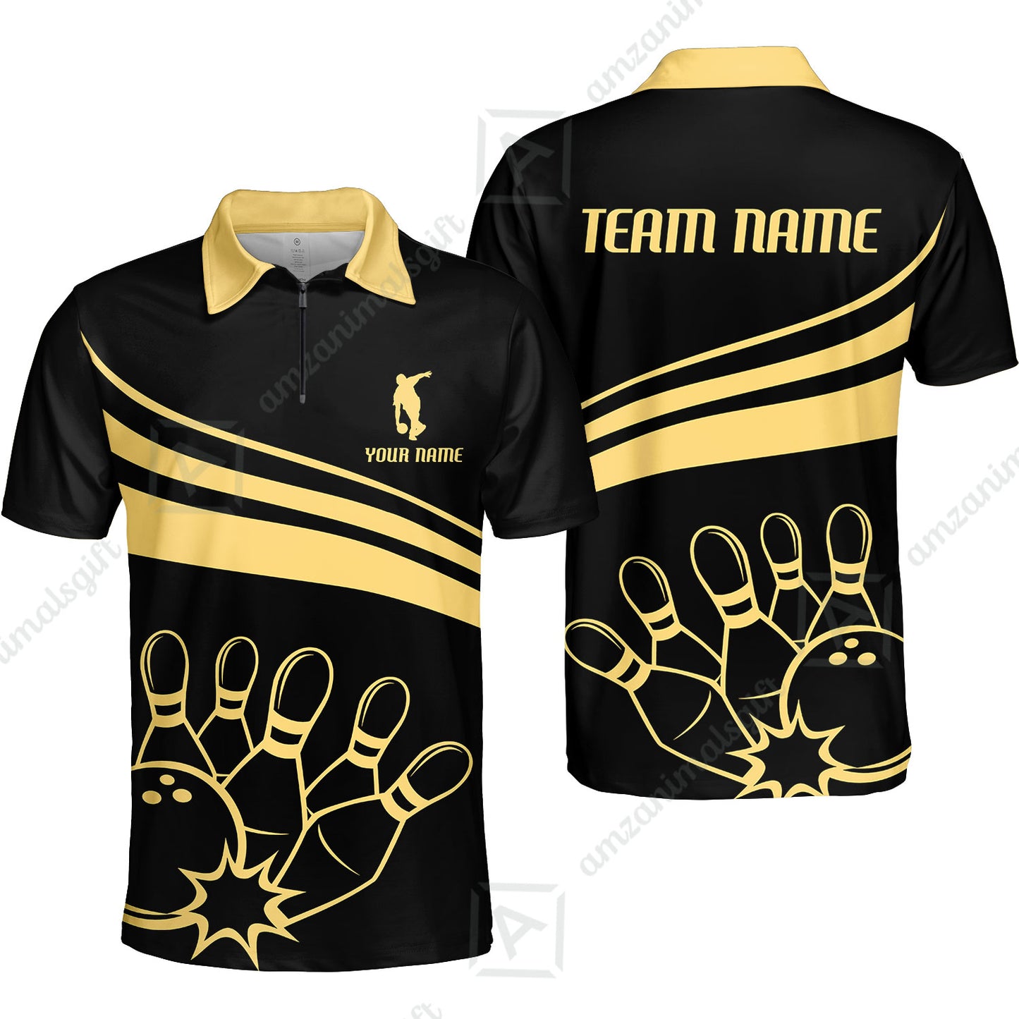 Bowling Customized Jersey Black Shirt Gold Curve Bowling Tenpin Quarter Zip Shirt, Outfit For Bowlers, Bowling Team