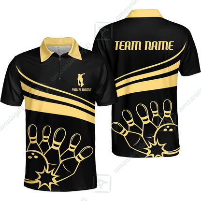 Bowling Customized Jersey Black Shirt Gold Curve Bowling Tenpin Quarter Zip Shirt, Outfit For Bowlers, Bowling Team