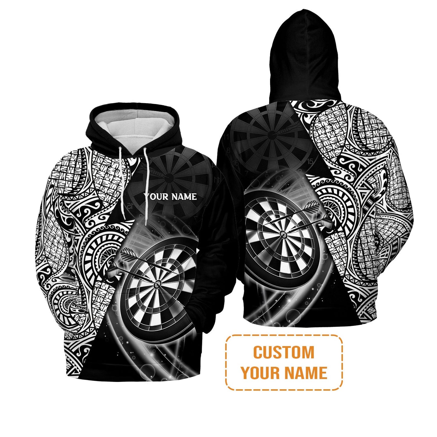 Customized Darts Men's Long Sleeve Polo Shirt, Black & White Tattoo Darts, Personalized Name Long Sleeve Polo Shirt For Men - Perfect Gift For Darts Lovers, Darts Players