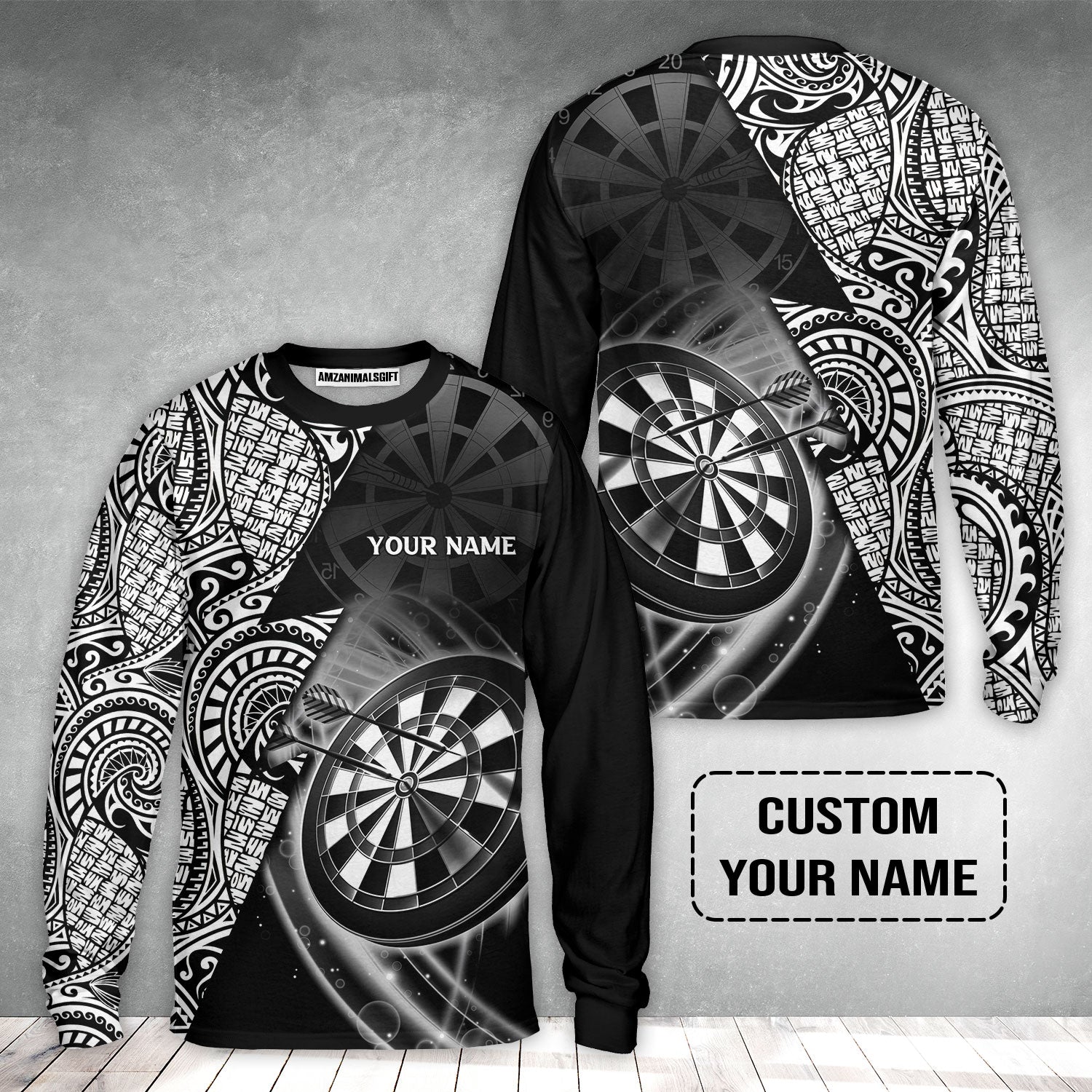 Customized Darts Long Sleeve Shirt, Black & White Tattoo Darts, Personalized Name Long Sleeve Shirt For Men - Perfect Gift For Darts Lovers, Darts Players