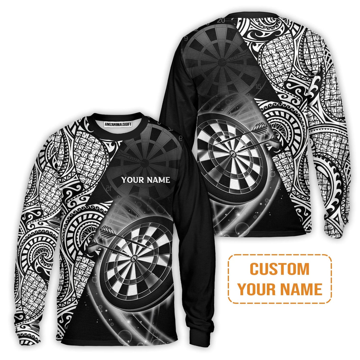 Customized Darts Men's Long Sleeve Polo Shirt, Black & White Tattoo Darts, Personalized Name Long Sleeve Polo Shirt For Men - Perfect Gift For Darts Lovers, Darts Players