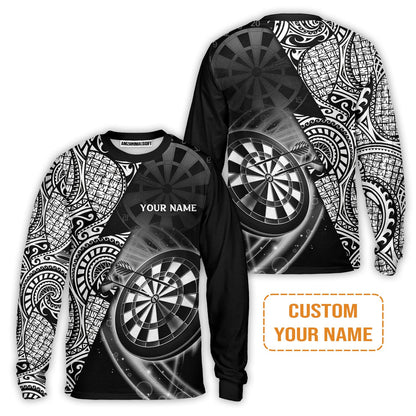 Customized Darts Men's Long Sleeve Polo Shirt, Black & White Tattoo Darts, Personalized Name Long Sleeve Polo Shirt For Men - Perfect Gift For Darts Lovers, Darts Players