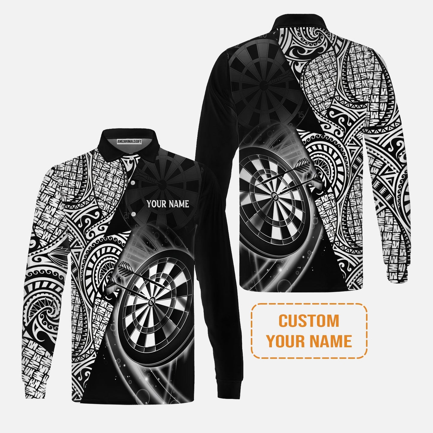 Customized Darts Men's Long Sleeve Polo Shirt, Black & White Tattoo Darts, Personalized Name Long Sleeve Polo Shirt For Men - Perfect Gift For Darts Lovers, Darts Players