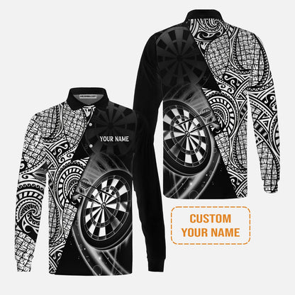 Customized Darts Men's Long Sleeve Polo Shirt, Black & White Tattoo Darts, Personalized Name Long Sleeve Polo Shirt For Men - Perfect Gift For Darts Lovers, Darts Players