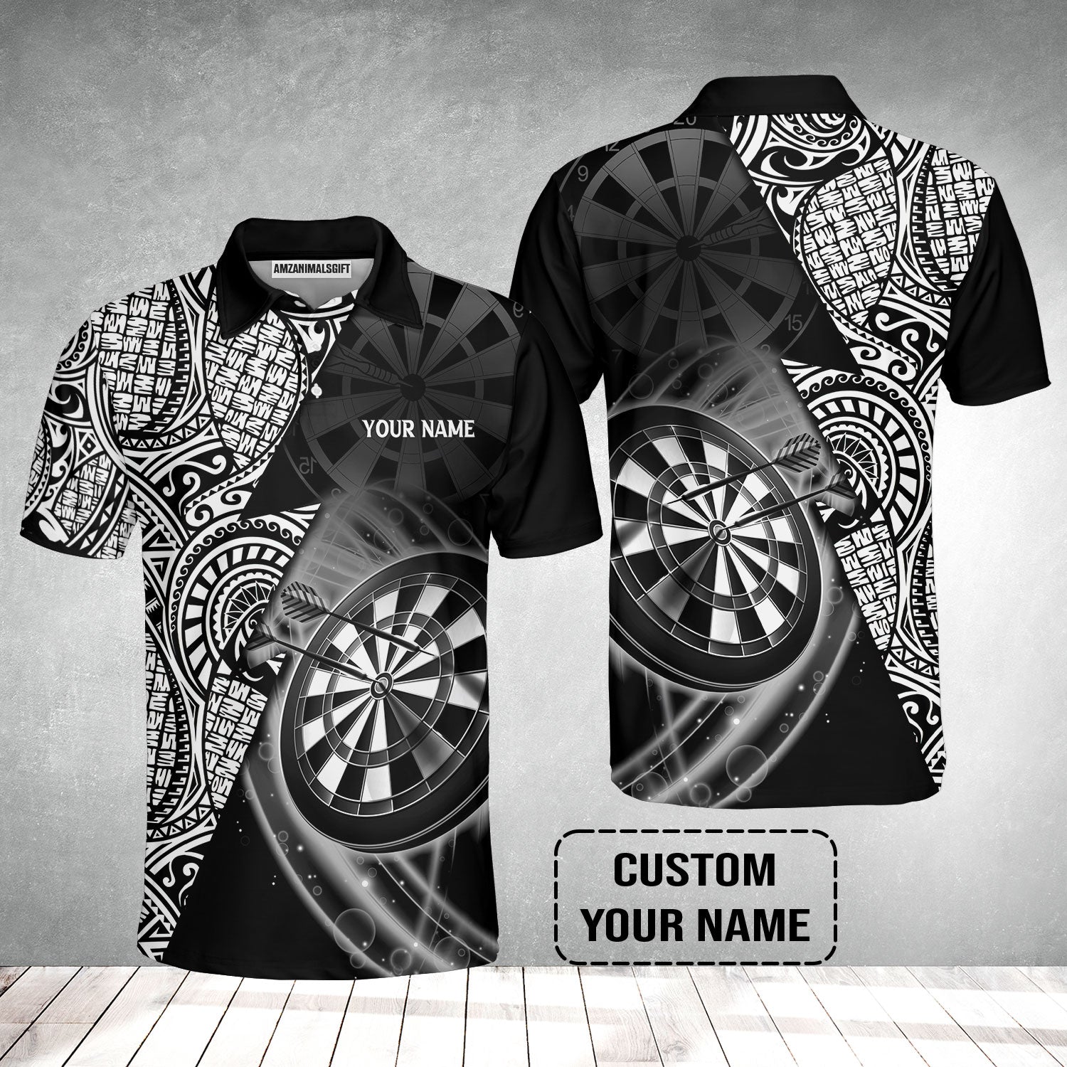 Customized Darts Polo Shirt, Black & White Tattoo Darts, Personalized Name Polo Shirt For Men - Perfect Gift For Darts Lovers, Darts Players