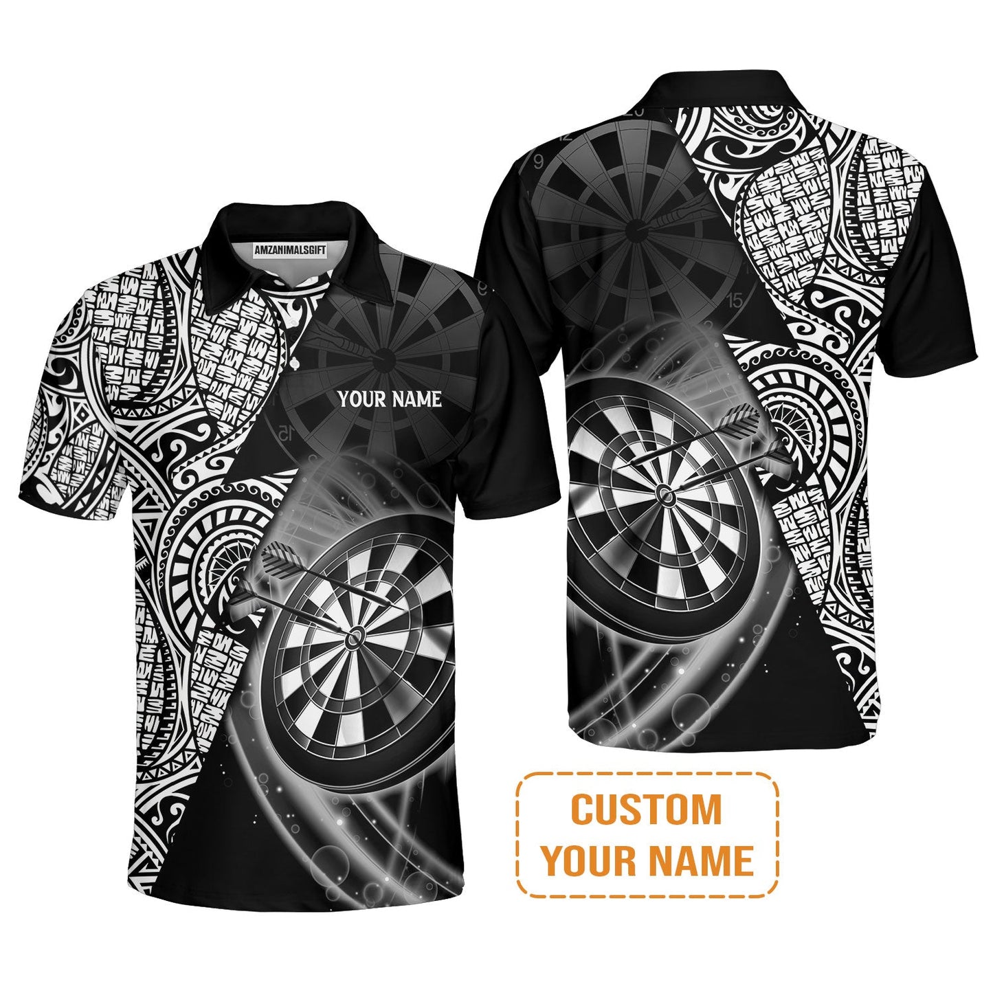 Customized Darts Men's Long Sleeve Polo Shirt, Black & White Tattoo Darts, Personalized Name Long Sleeve Polo Shirt For Men - Perfect Gift For Darts Lovers, Darts Players