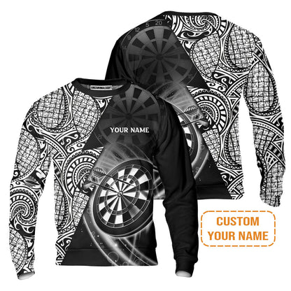 Customized Darts Men's Long Sleeve Polo Shirt, Black & White Tattoo Darts, Personalized Name Long Sleeve Polo Shirt For Men - Perfect Gift For Darts Lovers, Darts Players