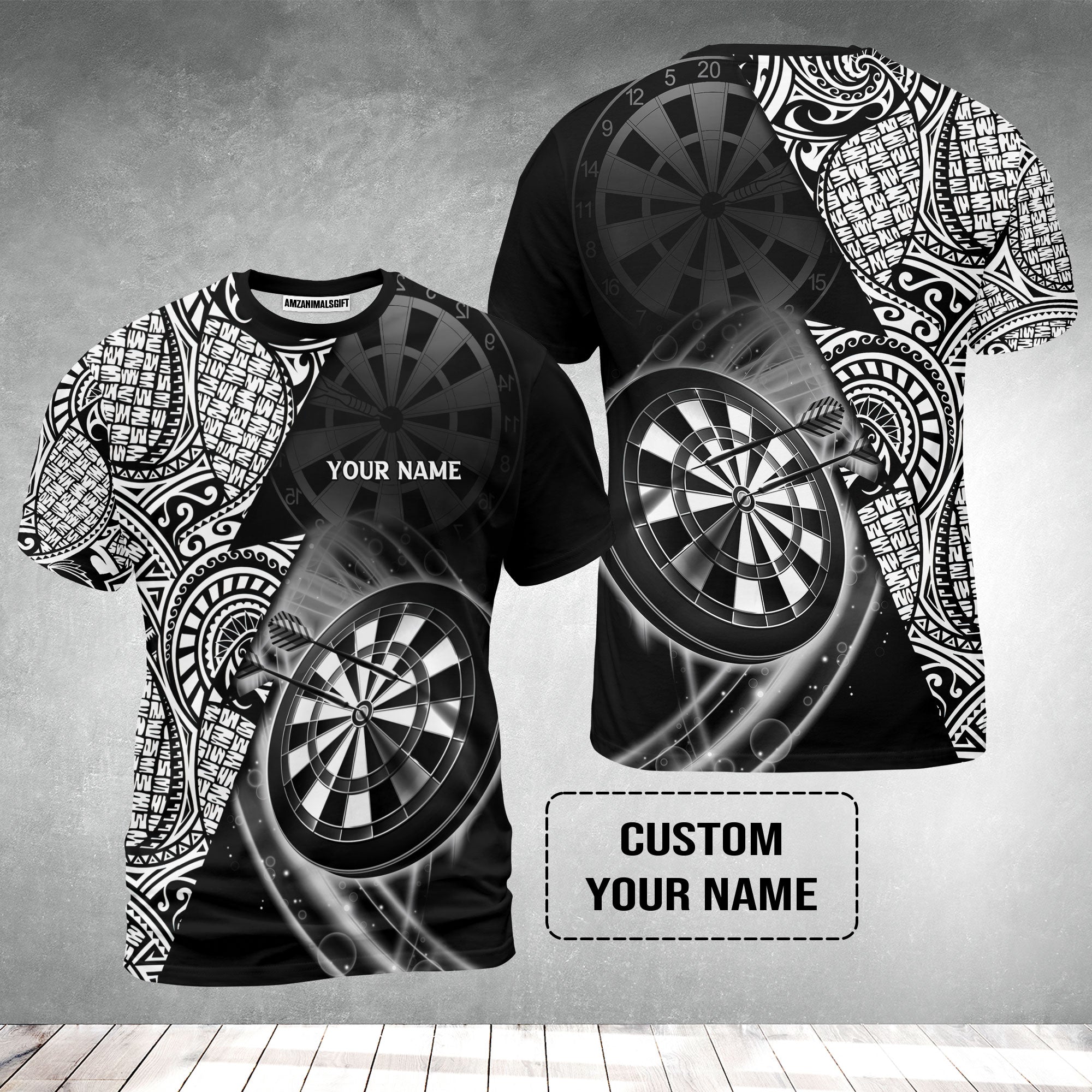 Customized Darts T-Shirt, Black & White Tattoo Darts, Personalized Name T-Shirt For Men - Perfect Gift For Darts Lovers, Darts Players