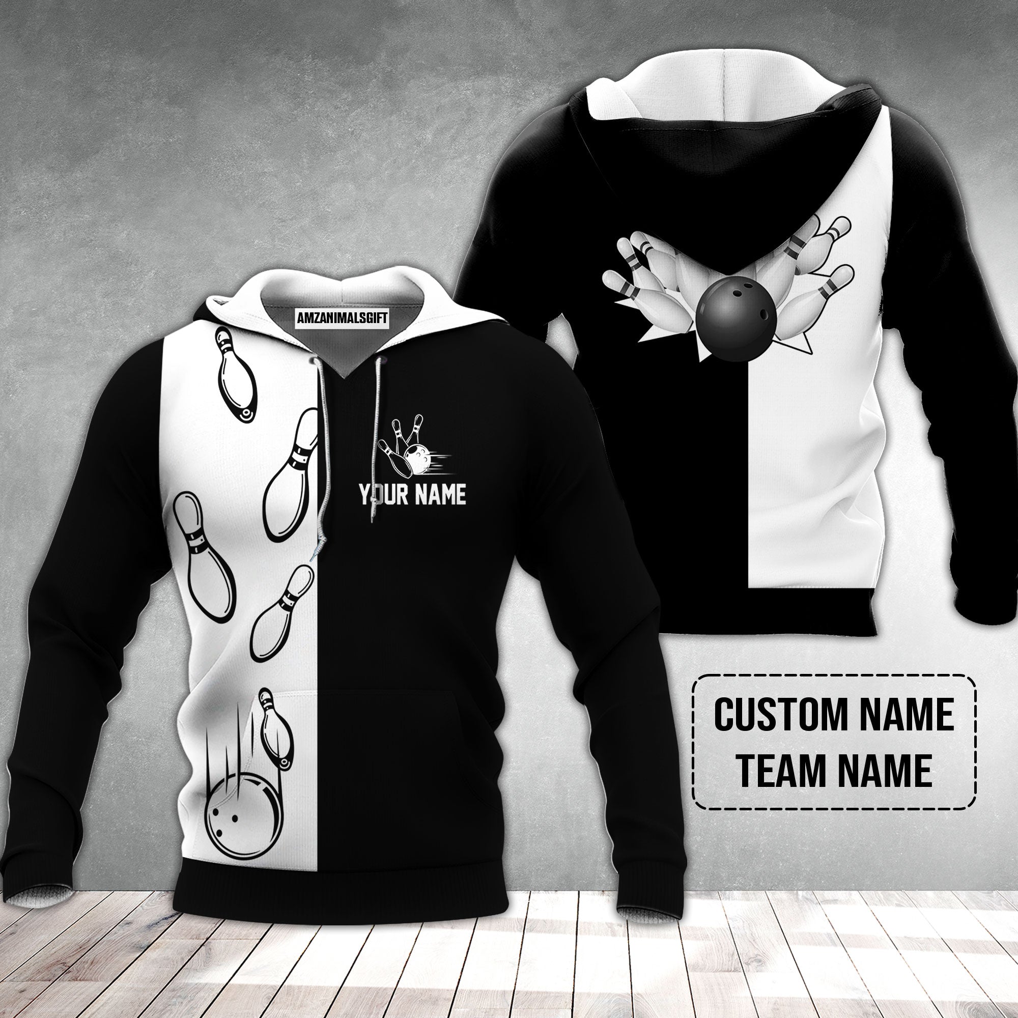 Bowling Custom Hoodie - Custom Name Black and white retro vintage Bowling Personalized Hoodie