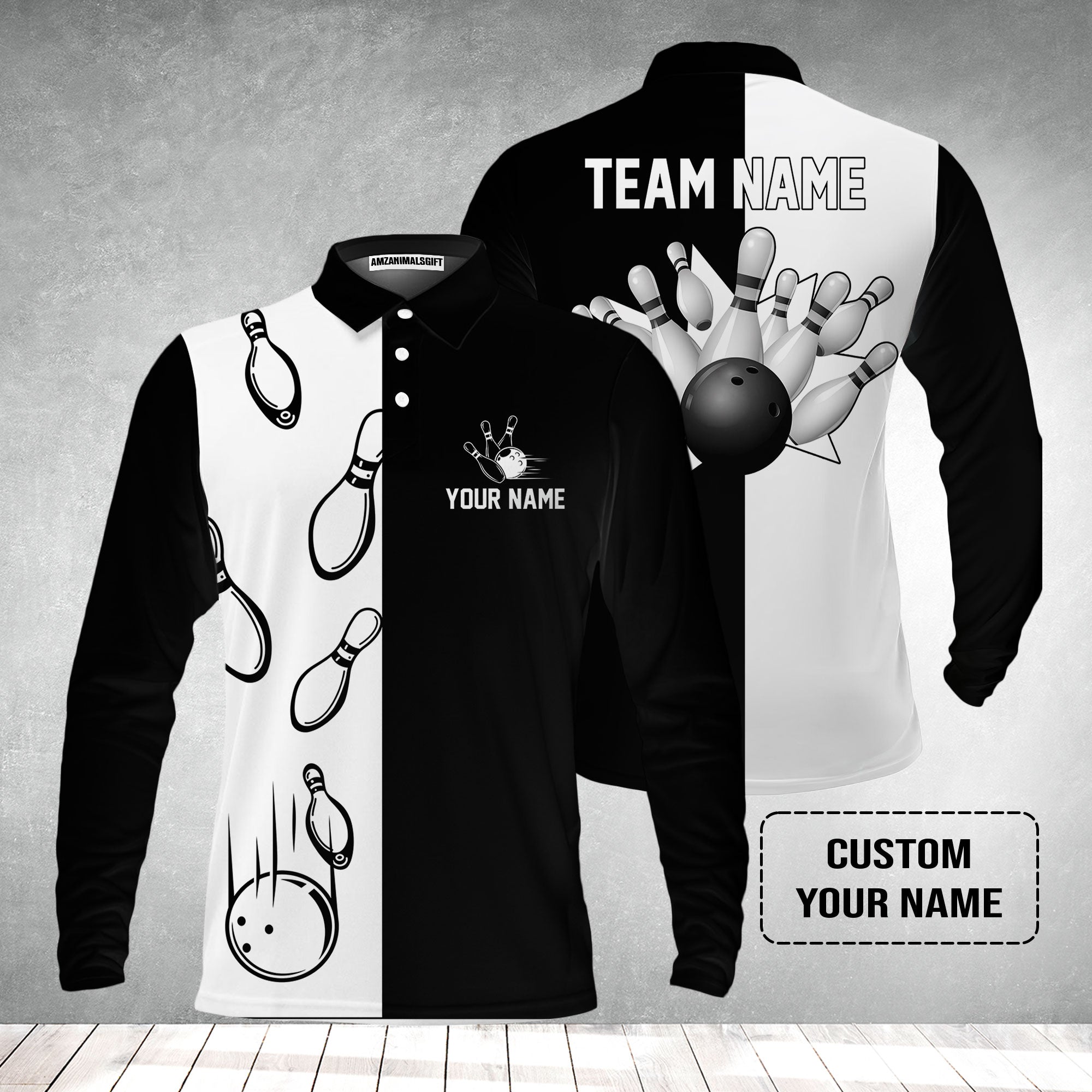 Bowling Custom Men's Long Sleeve Polo Shirt - Custom Name Black and white retro vintage Bowling Personalized Long Sleeve Polo Shirt