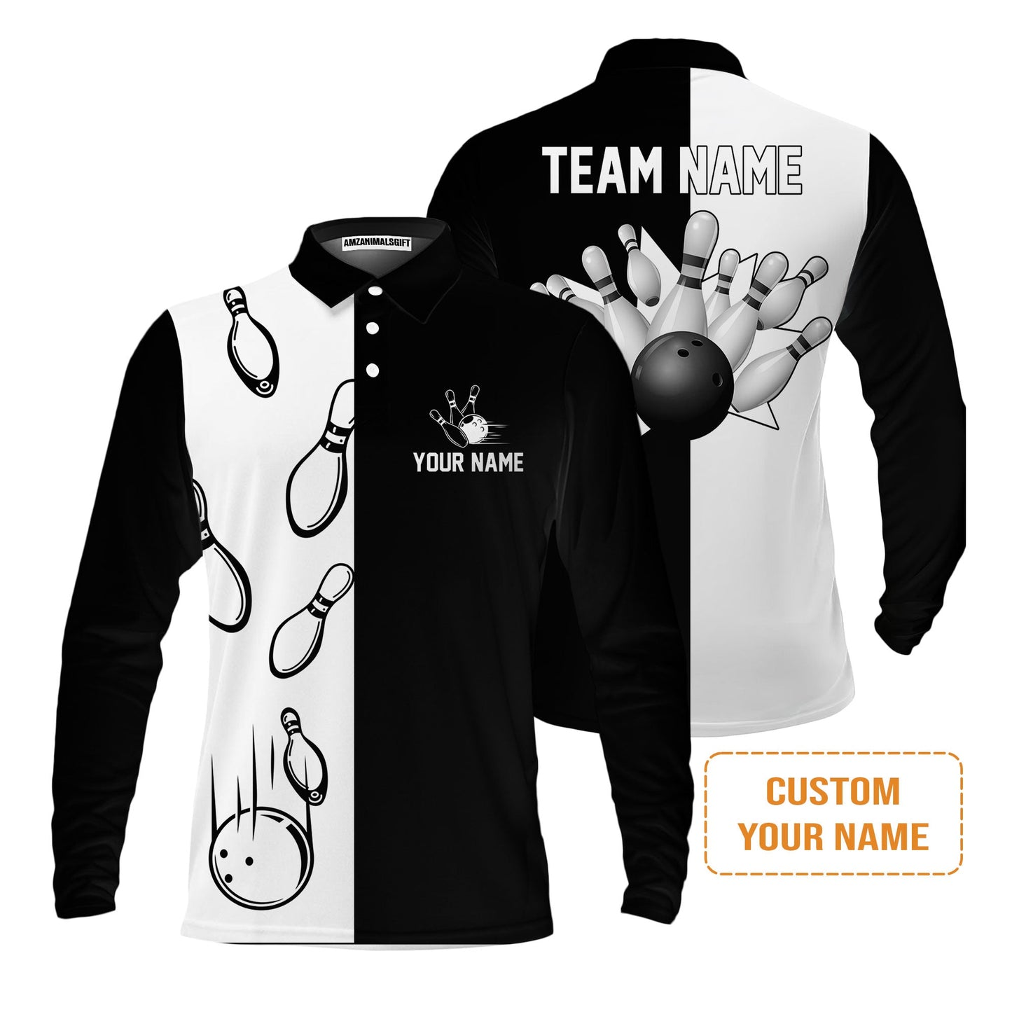 Bowling Custom Men's Long Sleeve Polo Shirt - Custom Name Black and white retro vintage Bowling Personalized Long Sleeve Polo Shirt