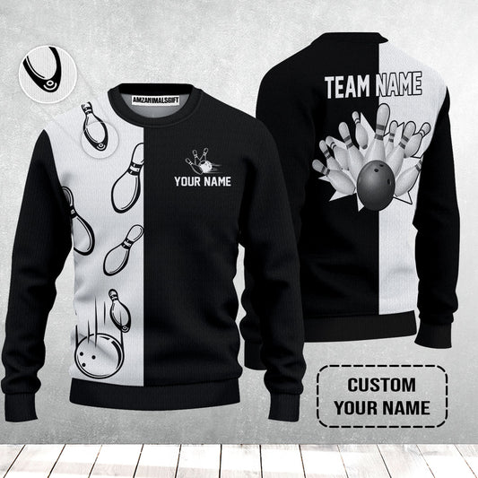 Bowling Custom Sweater - Custom Name Black and white retro vintage Bowling Personalized Sweater