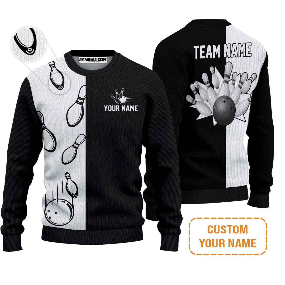 Bowling Custom Men's Long Sleeve Polo Shirt - Custom Name Black and white retro vintage Bowling Personalized Long Sleeve Polo Shirt