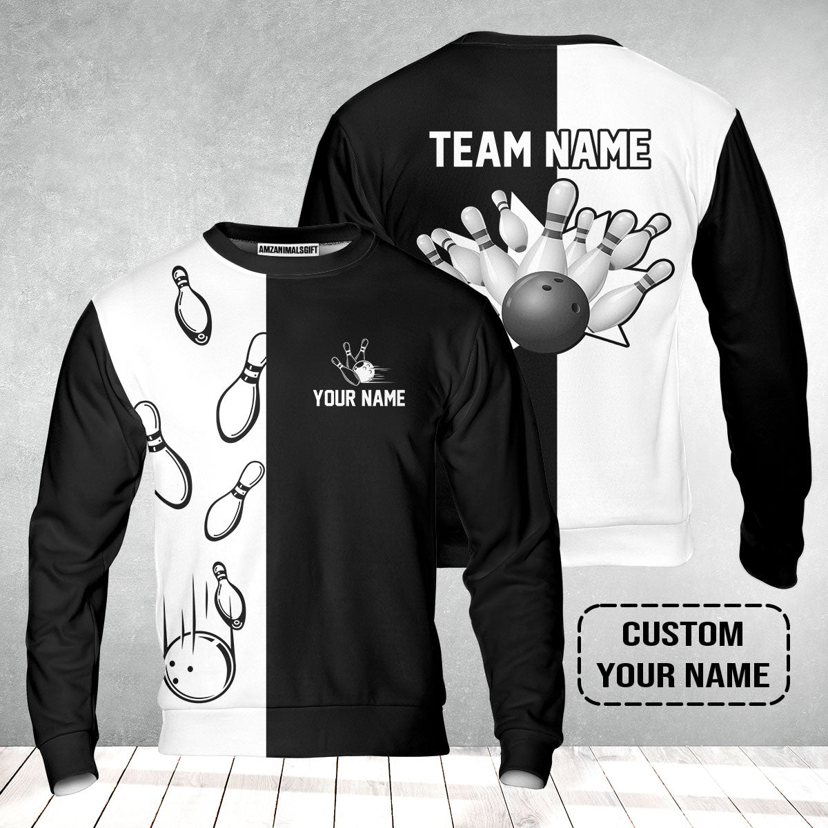 Bowling Custom Sweatshirt - Custom Name Black and white retro vintage Bowling Personalized Sweatshirt