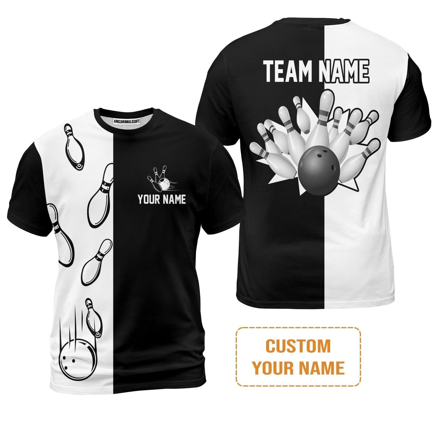 Bowling Custom T-Shirt - Custom Name Black and white retro vintage Bowling Personalized T-Shirt