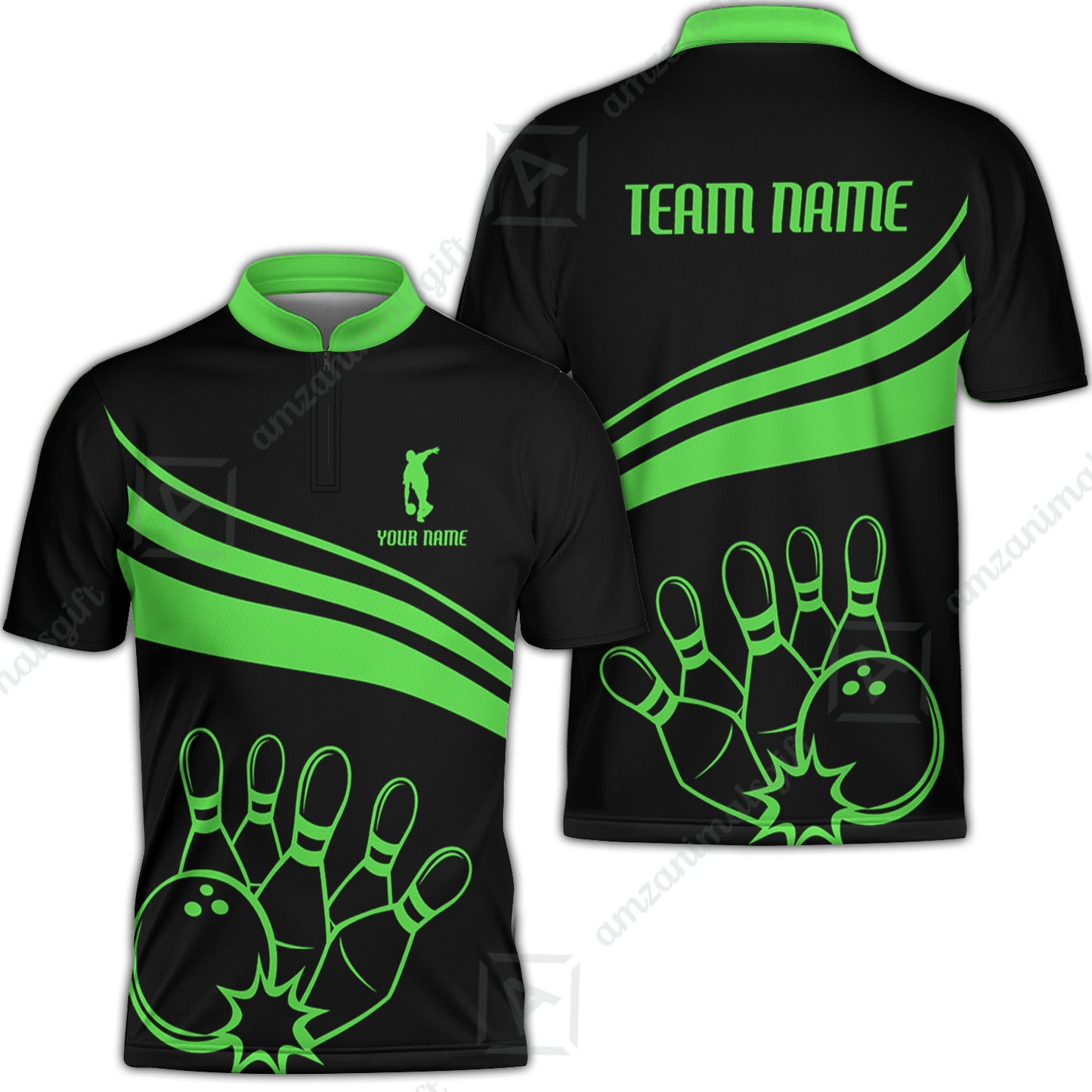 Bowling Customized Jersey Black Shirt Green Curve Bowling Tenpin Quarter Zip Shirt, Outfit For Bowlers, Bowling Team