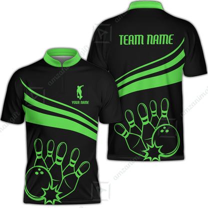 Bowling Customized Jersey Black Shirt Green Curve Bowling Tenpin Quarter Zip Shirt, Outfit For Bowlers, Bowling Team