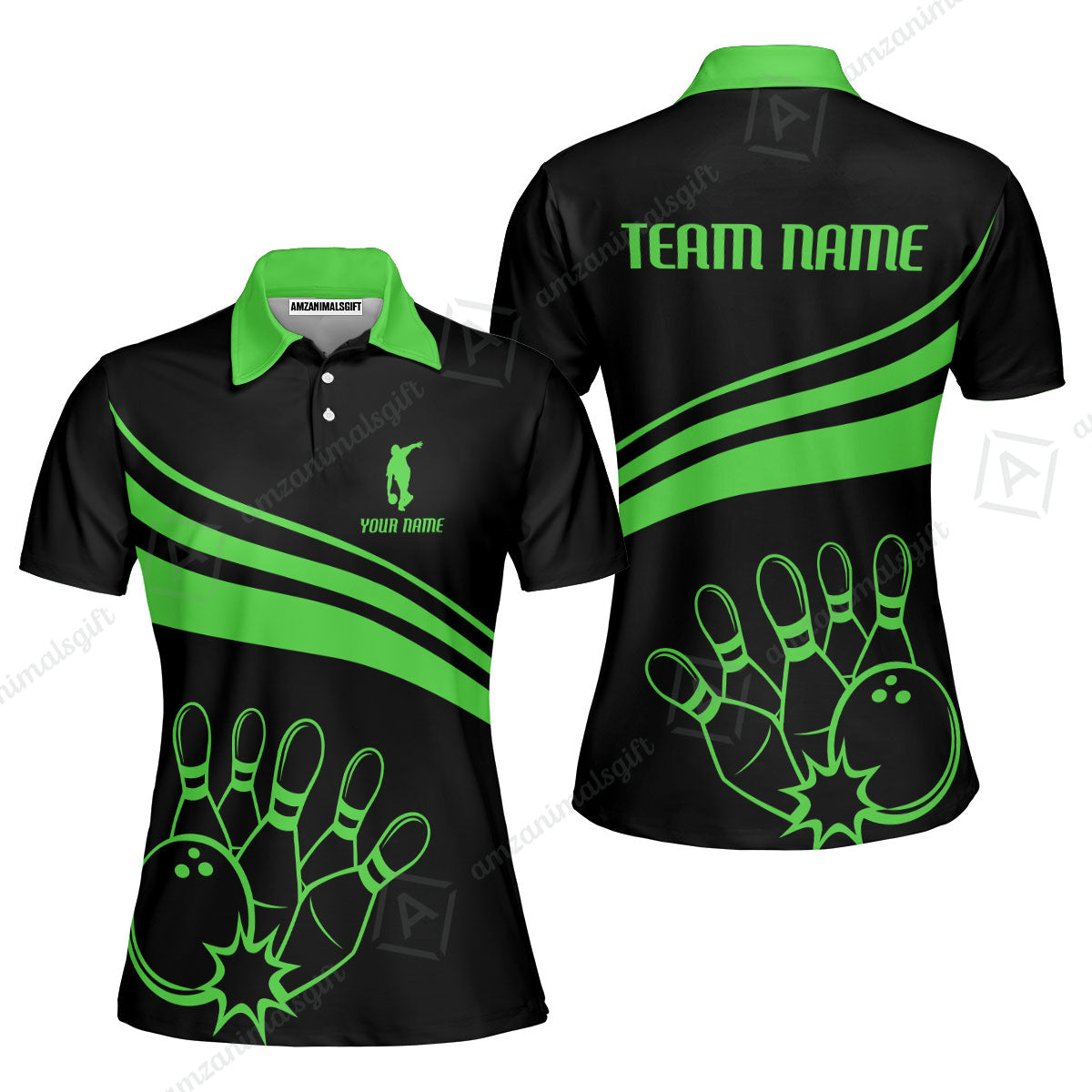 Bowling Customized Jersey Black Shirt Green Curve Bowling Tenpin Quarter Zip Shirt, Outfit For Bowlers, Bowling Team