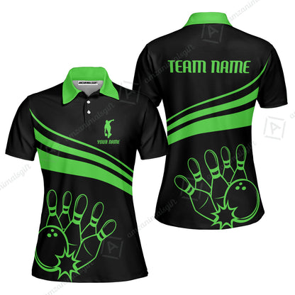 Bowling Customized Jersey Black Shirt Green Curve Bowling Tenpin Quarter Zip Shirt, Outfit For Bowlers, Bowling Team